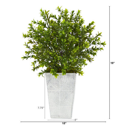 19" Boxwood Artificial Plant in Embossed White Planter