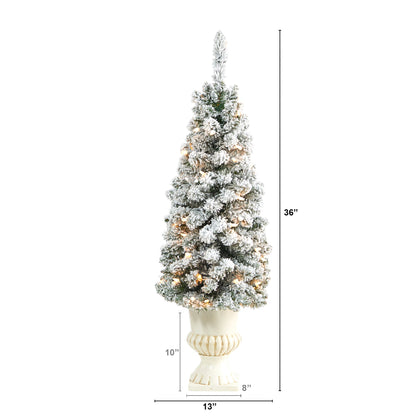 3' Flocked Pencil Artificial Christmas Tree w/ 50 Clear Lights & 132 Bendable