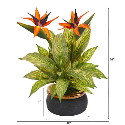 20" Bird of Paradise and Musa Leaf Artificial Arrangement in Stoneware Bowl