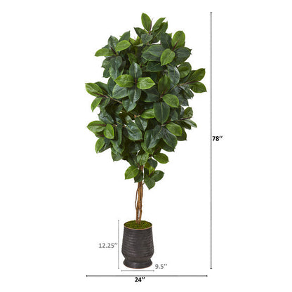 78" Rubber Leaf Artificial Tree in Ribbed Metal Planter