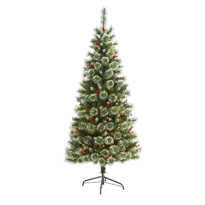 6' Frosted Swiss Pine Artificial Christmas Tree w/ 300 Clear LED Lights & Berrie