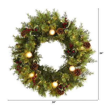 24" Christmas Artificial Wreath with 50 White Warm Lights, 7 Globe Bulbs