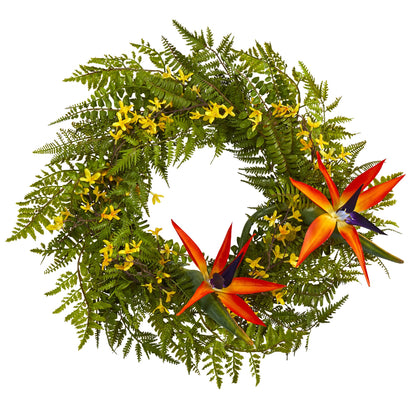 24" Mixed Fern, Forsythia and Bird of Paradise Artificial Wreath
