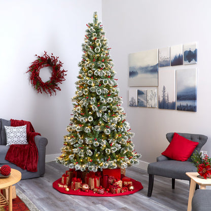 9' Frosted Swiss Pine Artificial Christmas Tree w/ 700 Clear LED Lights & Berrie