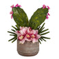 18" Cymbidium Orchid and Cactus Artificial Arrangement in Stoneware Vase