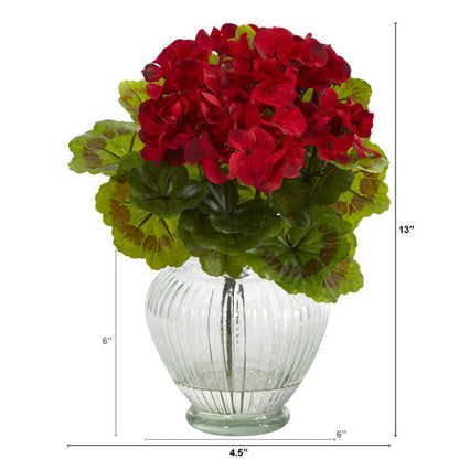 13" Geranium Artificial Plant in Glass Planter UV Resistant