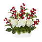 12" Rose and Holly Berry Artificial Arrangement in White Vase