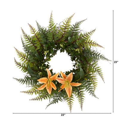 23" Assorted Fern and Lily Artificial Wreath