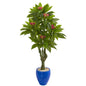 5' Plumeria Artificial Tree in Decorative Blue Planter UV Resistant