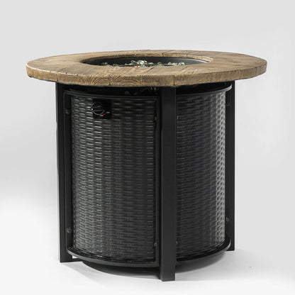 30" Propane Fire Pit Table | 50,000 BTU Round Steel Fire Pit with Wood-Grain Finish & Glass Stones