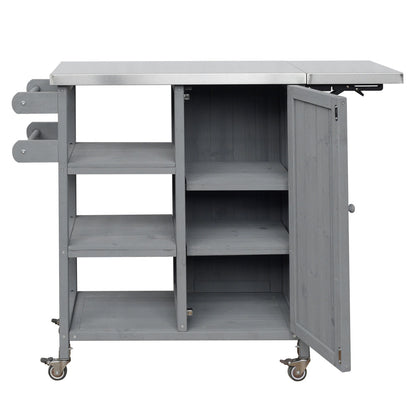 Foldable Outdoor Kitchen Island with Stainless Steel Top | Rolling Cart with Storage Cabinet, Open Shelves & Towel Rack — Grey