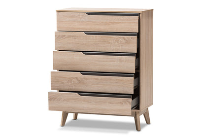 Baxton Studio Fella Mid-Century Modern Two-Tone Oak and Grey Wood 5-Drawer Chest