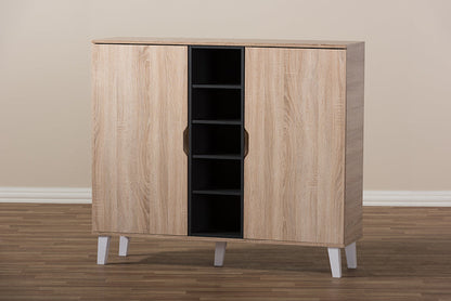 Baxton Studio Adelina Mid-Century Modern 2-door Oak and Grey Wood Shoe Cabinet