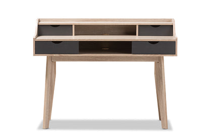 Baxton Studio Fella Mid-Century Modern 4-Drawer Oak and Grey Wood Study Desk
