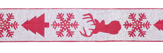 Red and White Deer and Tree Wired Ribbon (Set of 2)