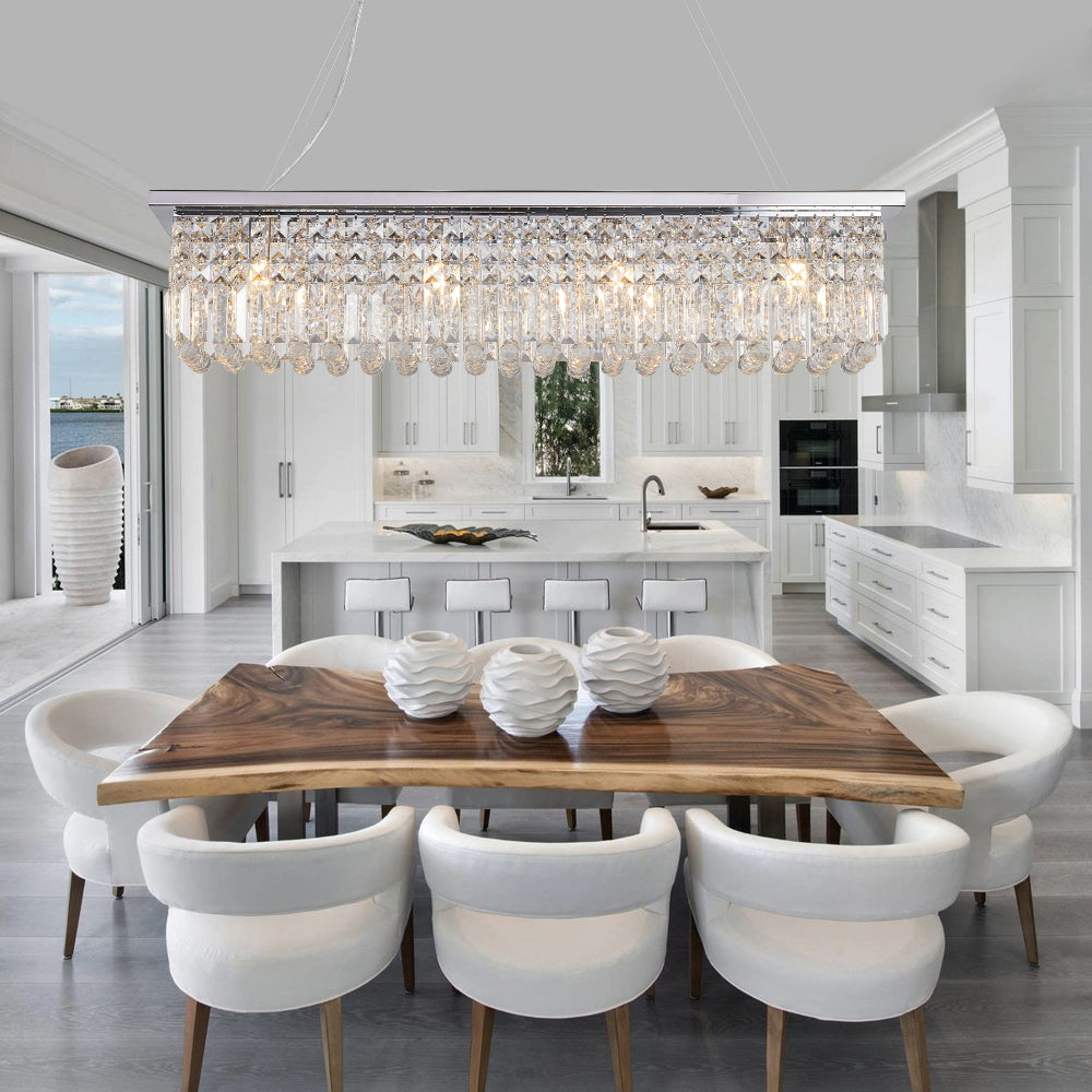 39.4" Rectangle Crystal Raindrop Chandelier | 8-Light Modern Pendant for Dining Room & Kitchen Island — Chrome or Gold, E12