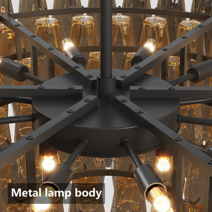 Tiered Smoke Glass Chandelier | 14-Light Round or 12-Light Rectangular, Brushed Black or Gold Metal Frame — 37" or 54", Dimmable