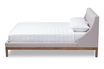 Baxton Studio Louvain Modern and Contemporary Greyish Beige Fabric Upholstered Walnut-Finished Queen Sized Platform Bed