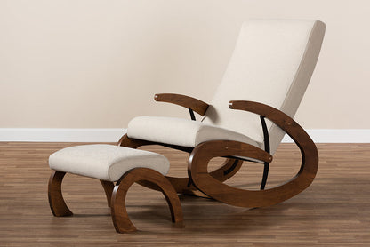 Baxton Studio Kaira Modern and Contemporary 2-Piece Light Beige Fabric Upholstered and Walnut-Finished Wood Rocking Chair and Ottoman Set
