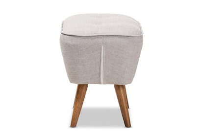 Baxton Studio Petronelle Mid-Century Modern Greyish Beige Fabric Upholstered Walnut Brown Finished Wood Ottoman