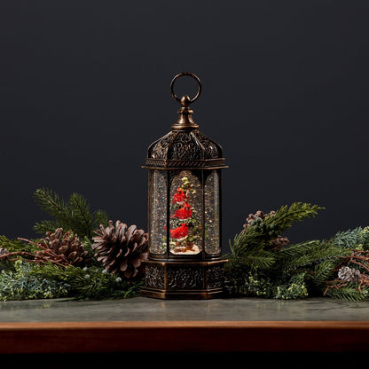 LED Snow Globe Lantern with Cardinal Bird Branch 13"H