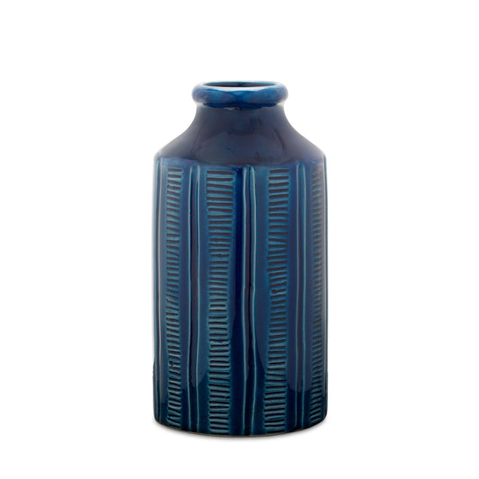 Blue Etched Terra Cotta Vase 10"H