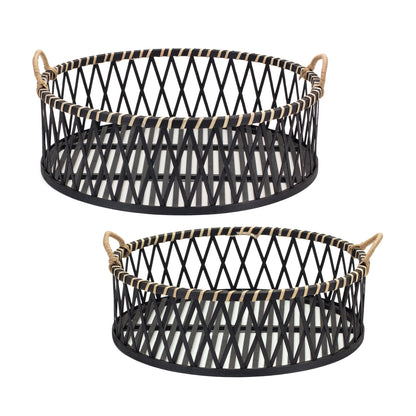 Round Woven Bamboo Trays with Rattan Handle Accent (Set of 2)