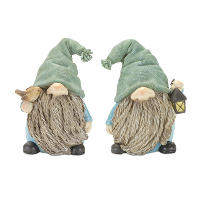Stone Garden Gnome Figurine with Bird and Lantern Accent (Set of 4)