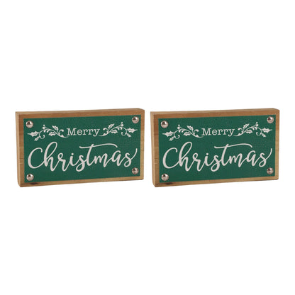 Merry Christmas Sign with Faux Leather Accent (Set of 2)