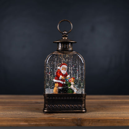 LED Snow Globe Lantern with Santa and Dog 11.25"H