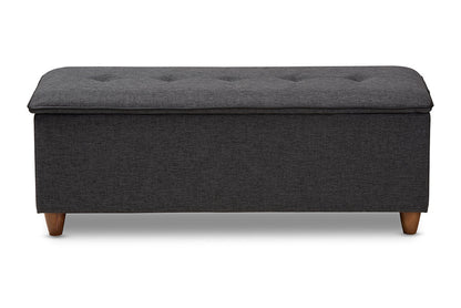 Baxton Studio Marlisa Mid-Century Modern Walnut Finished Wood and Dark Grey Fabric Upholstered Button Tufted Storage Ottoman Bench