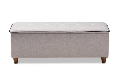 Baxton Studio Marlisa Mid-Century Modern Walnut Finished Wood and Greyish Beige Fabric Upholstered Button Tufted Storage Ottoman Bench