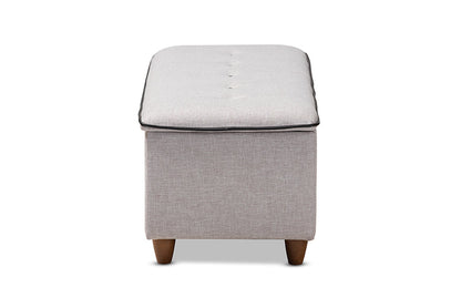Baxton Studio Marlisa Mid-Century Modern Walnut Finished Wood and Greyish Beige Fabric Upholstered Button Tufted Storage Ottoman Bench