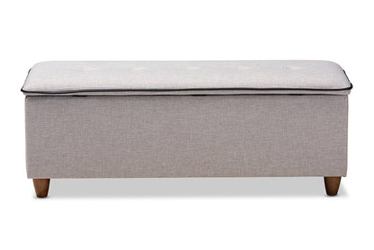 Baxton Studio Marlisa Mid-Century Modern Walnut Finished Wood and Greyish Beige Fabric Upholstered Button Tufted Storage Ottoman Bench