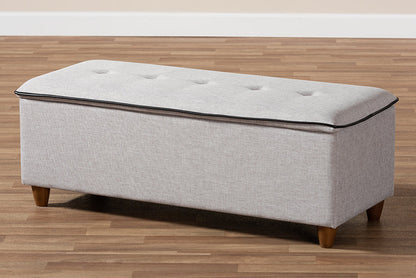 Baxton Studio Marlisa Mid-Century Modern Walnut Finished Wood and Greyish Beige Fabric Upholstered Button Tufted Storage Ottoman Bench