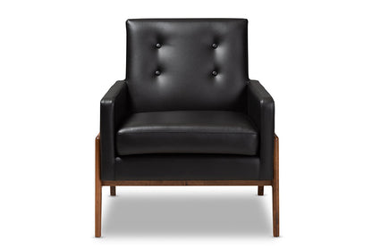 Baxton Studio Perris Mid-Century Modern Black Faux Leather Upholstered Walnut Wood Lounge Chair