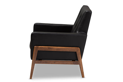 Baxton Studio Perris Mid-Century Modern Black Faux Leather Upholstered Walnut Wood Lounge Chair