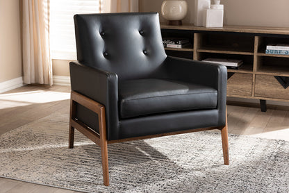 Baxton Studio Perris Mid-Century Modern Black Faux Leather Upholstered Walnut Wood Lounge Chair