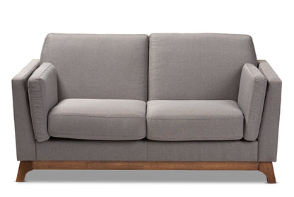 Baxton Studio Sava Mid-Century Modern Grey Fabric Upholstered Walnut Wood 2-Seater Loveseat