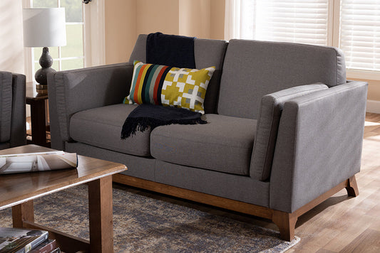 Baxton Studio Sava Mid-Century Modern Grey Fabric Upholstered Walnut Wood 2-Seater Loveseat