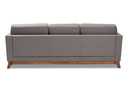 Baxton Studio Sava Mid-Century Modern Grey Fabric Upholstered Walnut Wood 3-Seater Sofa