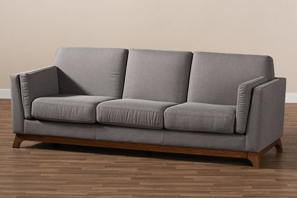 Baxton Studio Sava Mid-Century Modern Grey Fabric Upholstered Walnut Wood 3-Seater Sofa