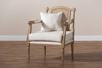 Baxton Studio Clemence French Provincial Ivory Fabric Upholstered Whitewashed Wood Armchair