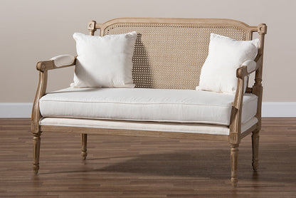 Baxton Studio Clemence French Provincial Ivory Fabric Upholstered Whitewashed Wood Loveseat