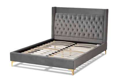 Baxton Studio Valery Modern and Contemporary Dark Gray Velvet Fabric Upholstered King Size Platform Bed with Gold-Finished Legs
