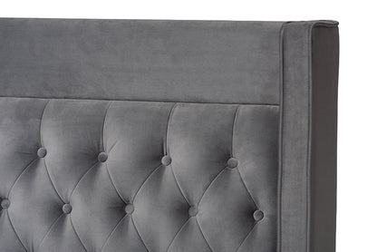 Baxton Studio Valery Modern and Contemporary Dark Gray Velvet Fabric Upholstered King Size Platform Bed with Gold-Finished Legs