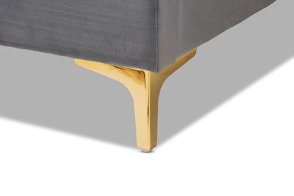 Baxton Studio Valery Modern and Contemporary Dark Gray Velvet Fabric Upholstered Queen Size Platform Bed with Gold-Finished Legs