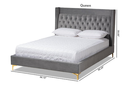 Baxton Studio Valery Modern and Contemporary Dark Gray Velvet Fabric Upholstered King Size Platform Bed with Gold-Finished Legs