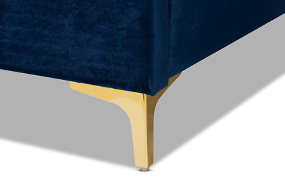 Baxton Studio Valery Modern and Contemporary Navy Blue Velvet Fabric Upholstered Queen Size Platform Bed with Gold-Finished Legs