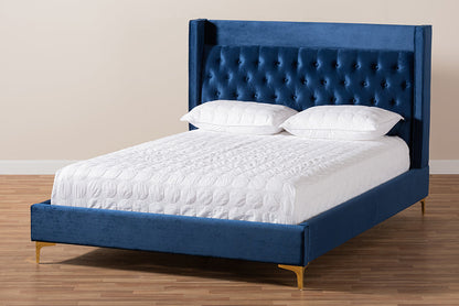 Baxton Studio Valery Modern and Contemporary Navy Blue Velvet Fabric Upholstered King Size Platform Bed with Gold-Finished Legs